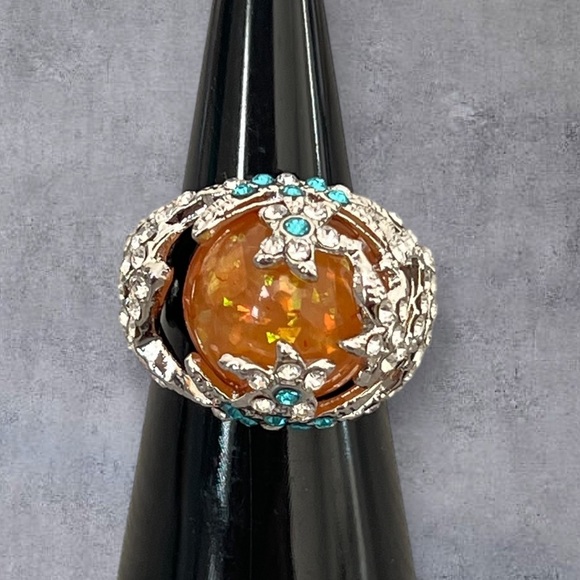 Stainless steel paved clear CZ dome ring size 6, large round orange faux opal - Picture 3 of 6